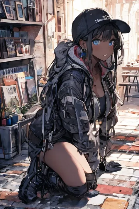 artist:[ekrea jan|yoneyama mai|diyokama|say hana|quasarcake],1girl, solo, breasts, looking at viewer, blue eyes, large breasts, black hair, hat, animal ears, cleavage, jewelry, tail, earrings, boots, lying, shorts, indoors, dark skin, black footwear, high ...