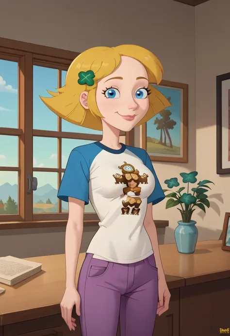 ((bedroom background)),score_9, score_8_up, score_7_up,score_6_up, 
1girl, Solo, SaraM_MM, light skin, bright blue eyes, golden blonde hair, short hair, pointed nose, green four-leaf clover hair clip, white T-shirt with light blue sleeves, logo on the shir...