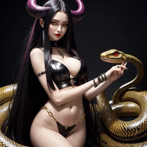 Evil demoness, extremely beautiful woman, snakes in her hair, yellow eyes
