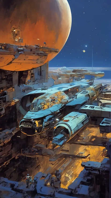 Masterpiece, highest quality, very detailed, absolute resolution, high resolution, highest quality, 8K, John Harris and syd mead Style - space station in Lunar space, A Tau Cetian intergalactic ship joins the docks of New Marseille on Antares C2,John Berke...