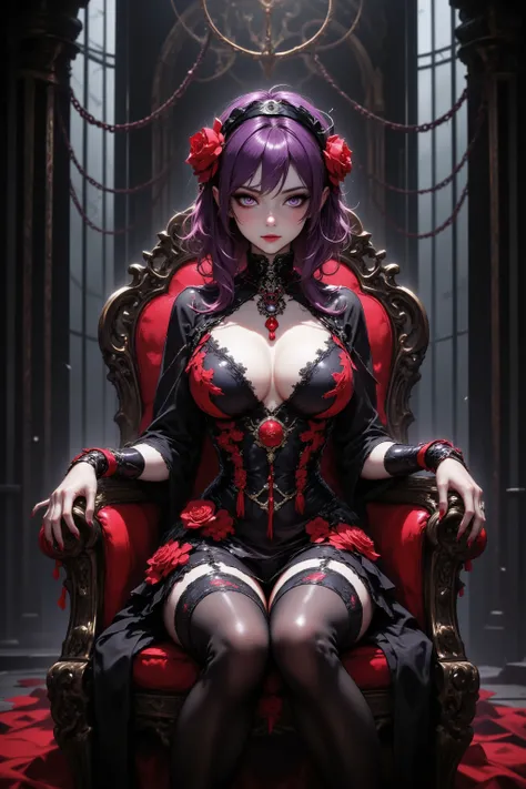 masterpiece, aesthetic, decadent, artistic, (1girl, sitting on a throne, beautiful purple hair, rose hair accessory, black hairband, black and red gothic bondage dress, black underwear with red ribbon, miniskirt with many folds of frills, skirt frills as b...