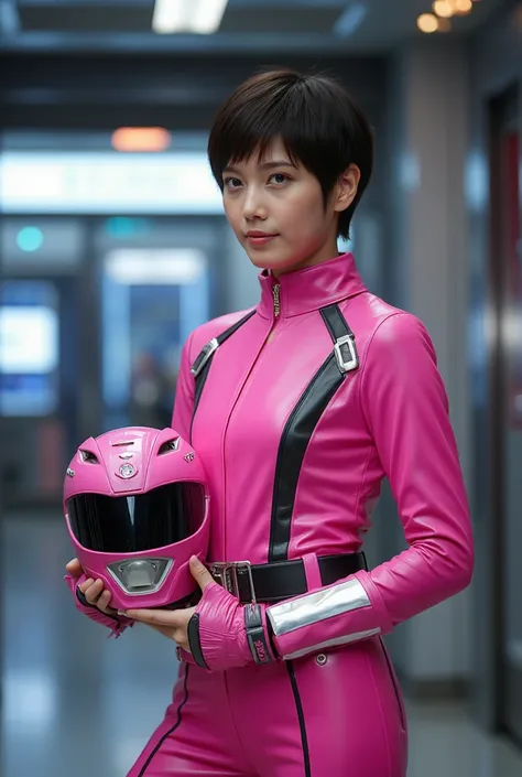 Create an image of a beautiful young teenager in a Power Rangers outfit in pink with black details. she must hold his Power Rangers helmet in one hand and the helmet must be pink.. she must have black pixiecut hair.
She must be in a technological command c...