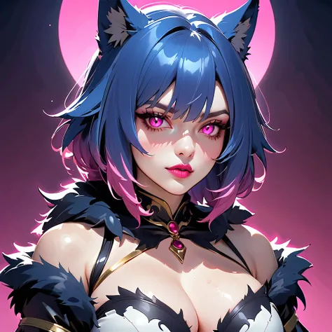 draw image of:  sexy female werewolf . werewolf femalel look: long blue and gold fur (not armour), bright red eyes, long black tail, black and white back, bright pink lips, pink eye lids, seductive BUSTY look, pink nails/claws. stick a pair of tight torn c...