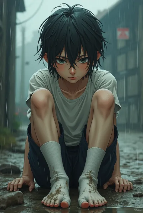 Very wet anime boy showing his dirty socks 