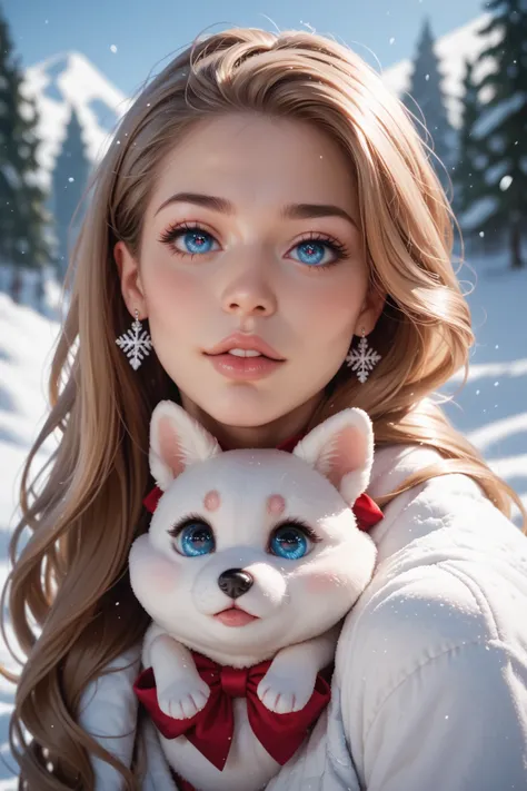  a beautiful girl with long blond hair,  detailed eyes , and the lips ,  in the snow with a puppy in her arms  , woman,  realistic 