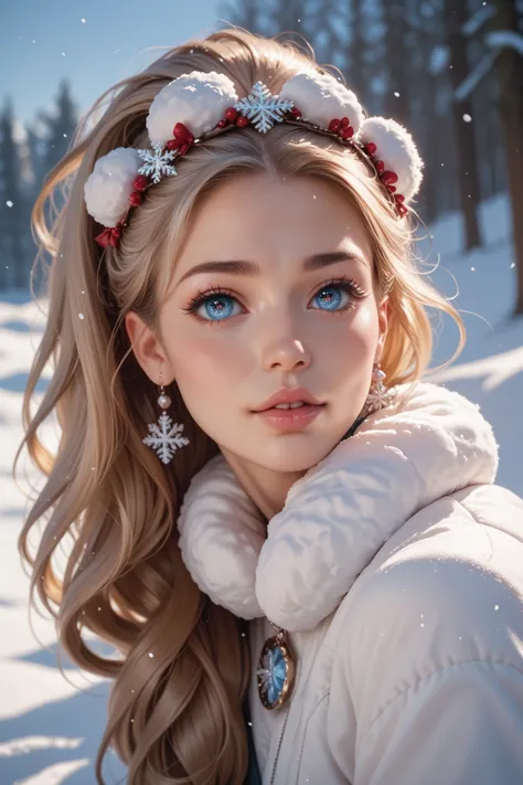  a beautiful girl with long blond hair,  detailed eyes , and the lips ,  in the snow with a puppy in her arms  , woman,  realistic 