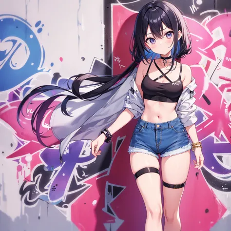   is ridiculous,  best quality,1人of女of子, Alone,  Streak Hair ,  crop top,  denim shorts ,  choker, ( graffiti:1.4), ペイントof飛沫,  cross your arms on your back, ( walking slowly ), ( leaning against backrest :0.5),   facing viewer  , (of　Margin pony :0.5),  Wa...