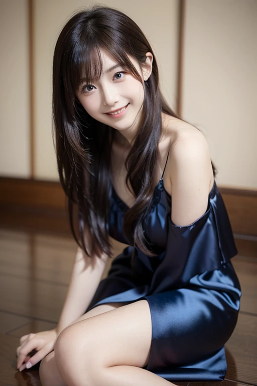 Japanese model in a blue ruffle dress is sitting on the floor、 Blue silk dress,  looking at camera、Detailed and beautiful eyes、可愛いsmile、 soft and gentle expression 、かわいいsmile、smile