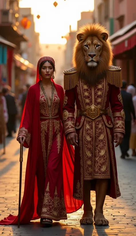 A stunning Moroccan mafia woman wearing an elegant red caftan with golden embroidery, holding a stylish cane. Beside her stands a massive humanoid lion, dressed in a regal military uniform featuring intricate Moroccan patterns. They walk through a street i...