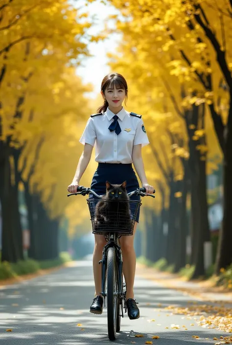 ultra-realistic, dramatic scene, shadow, 1 girl\( beautiful Japanese woman, beautiful with cute face and smiling, a self-defense officer uniform, wearing a white short-sleeve shirt, navy tie, navy pencil mini skirt, sexy black patent high heels, Beautiful ...