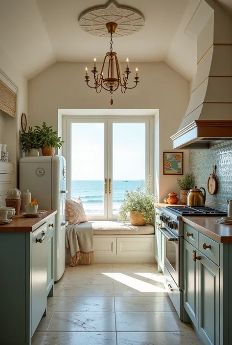 The cutest coastal vintage and cozy farmhouse-style kitchen with gentle pastel colors and elegant kitchen cabinets, wooden countertops, beautiful SMEG fridge with design pattern on it, wooden hood and a limewashed fireplace. Oven, rug. The kitchen features...