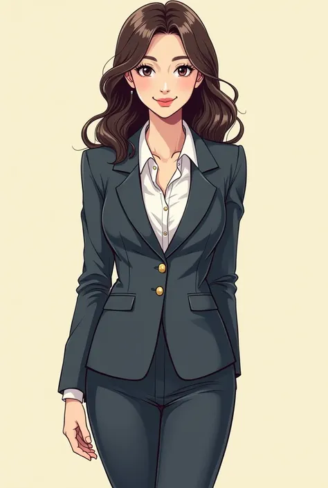 Manga style. Frontal full-body shot of a 48-year-old Japanese woman with wavy hair. Dressed in business attire, she has fine laugh lines and a captivating smile, further enhanced by lipstick (1.1), eyeliner (1.2), mascara and eyeshadow. The background is a...