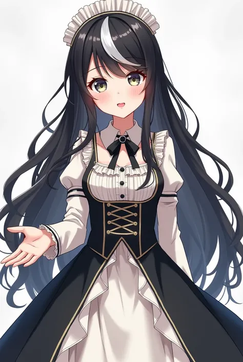 Beautiful girl with long hair and black waves with white highlights,  heterochromatic eyes , White law,  dress. Antique dress mixed between white and black. An outstretched hand,  mouth open with an explanation of explaining something important to the spec...