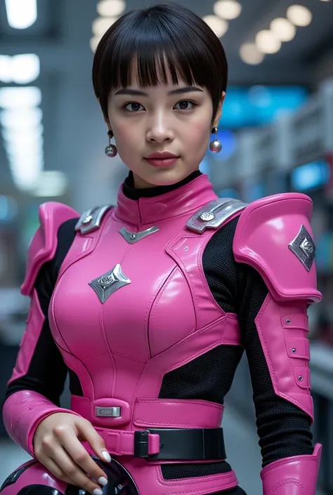 Create an image of a beautiful young ager in a Power Rangers outfit in pink with black details.medium breast, she must hold his Power Rangers helmet in one hand and the helmet must be pink.. she must have black pixiecut hair.
She must be in a technological...