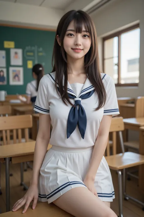   Japanese   cute idol, Japanese  cute girl, Cute, In the school teachers' rooms、 beautiful young girl in sailor uniform in school teachers' room ,  1 girl in the best, Alone,  school uniform , Sera Clothing,  skirt ,   black hair,  long hair,  Watch viewe...