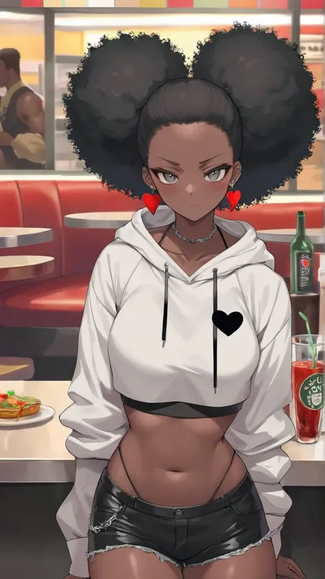 1Girl, Mature, Ebony, African American, Dark Skin, Medium Afro Puff, Jet Black Afro Puff, Ash Grey Eyes, Medium Chest, White Halter Crop-Top, White Cropped High-Cut Hoodie, Black Short Shorts, Jewelry, Heart Earrings, Looking At Viewer, Bored, Serious, Blu...