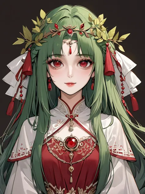 (extreamly delicate and beautiful:1.2), 8K,(masterpiece:1.0),(best_quality:1.0), 1 girl, and intricate detailing, Enlarged textures, and intricate detailing, finely eye and detailed face, and intricate detailing, green long hair, (sweet smiley), Perfect ey...