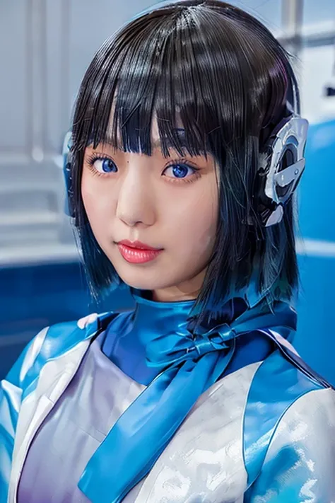 live-action　 Two Japanese Girls　  wearing a blue rubber dress 　  mermaid　 graduation　 It's inside a life-size capsule filled with liquid.　 Jester Makeup 　  latex zentai rain gear 　 The color of the face is blue 