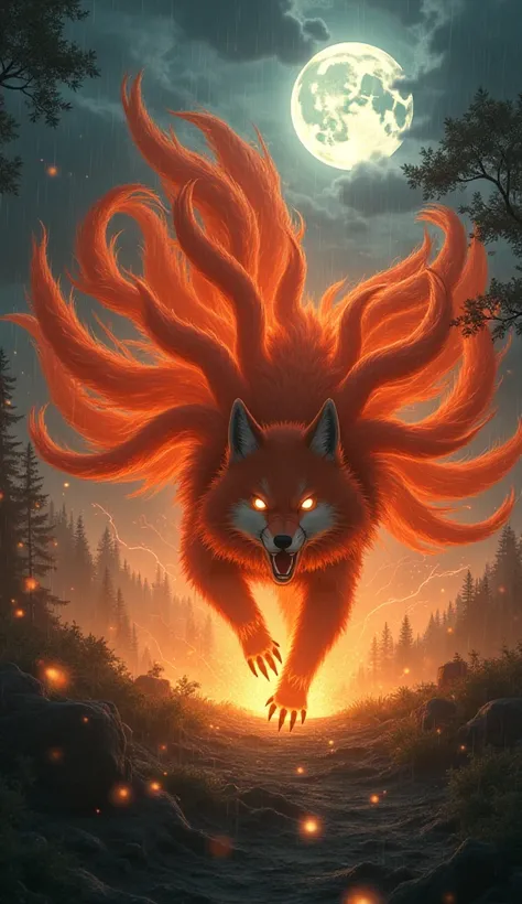 "Epic battle scene, the colossal Naruto-style Nine-Tailed Fox charges into combat, its fiery red-orange fur glowing under the moonlight. Its nine enormous, dynamic tails whip through the air, crackling with raw energy, as it roars ferociously in the midst ...