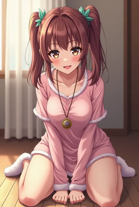 Anime woman, pigtails, d cup breasts, sexy,  wearing a pajama shirt and fluffy slippers, sitting on her knees,  leaning forward ((holding a pendant on a chain in front of her face)), mischievous expression 