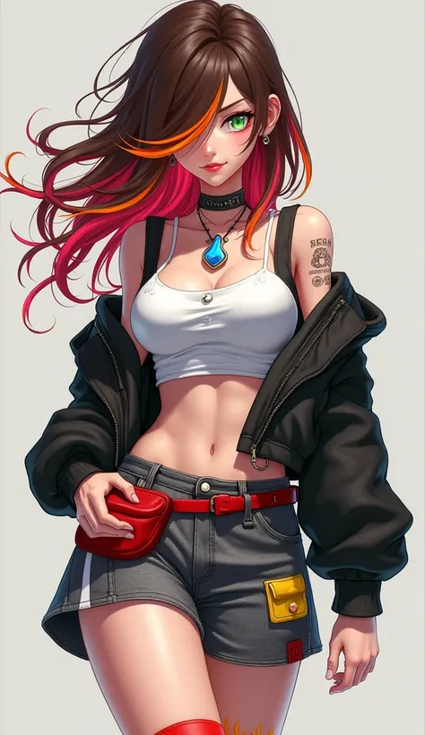 tomboy brown hair down to the middle of her back red orange yellow highlights cover her right eye green left eye blue fire charm necklace with ruby black short sleeve motorbike jacket white tube top busty fat bellybutton shown red waste pack grey denim ski...