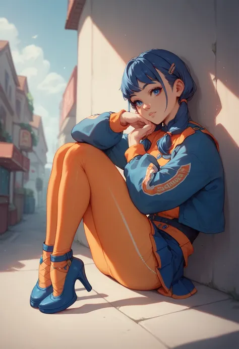 Drawing of an anime girl ,  With dark blue hair with two long pigtails and a split fringe , with dark blue eyes, a long sleeve orange blouse , a short blue bolero skirt, with long orange tights and blue heels,  sitting