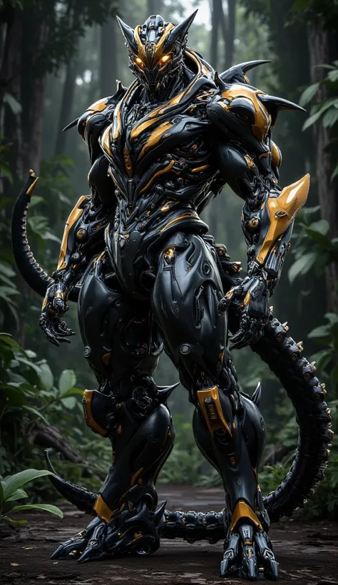 "A humanoid transformer inspired by the stealth and strength of a jaguar, standing confidently and looking directly at the camera. The body is armored with sleek, metallic plates in shades of black and gold, reflecting the jaguar’s distinctive spotted coat...