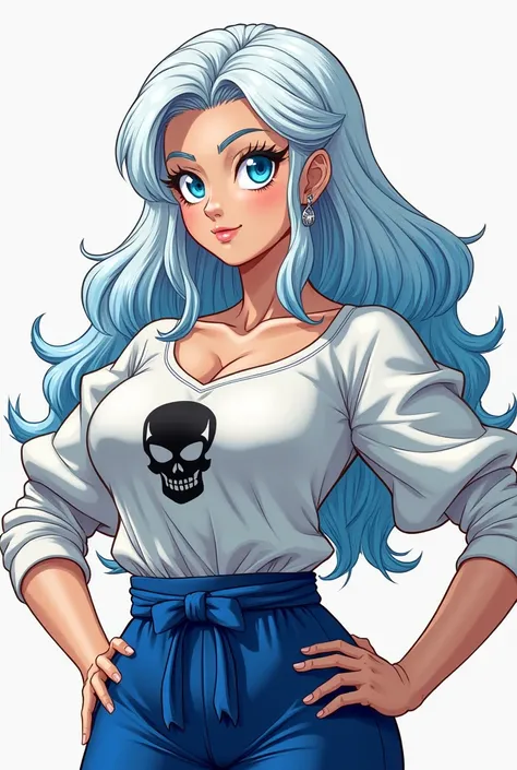 Create an image of Dragon Ball super that is a woman with white hair and long and wavy blue locks medium blue eyes with eyelashes beautiful earrings with a white blouse with a skull and blue pants with a very nice body with big breasts and small curves in ...