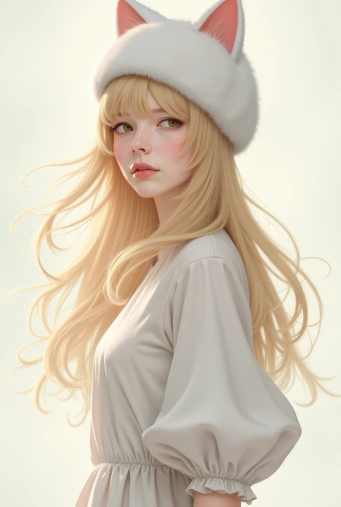 a woman with a blonde hair , white only beanie cat hat , wearing a white blouse , puff long sleeves 