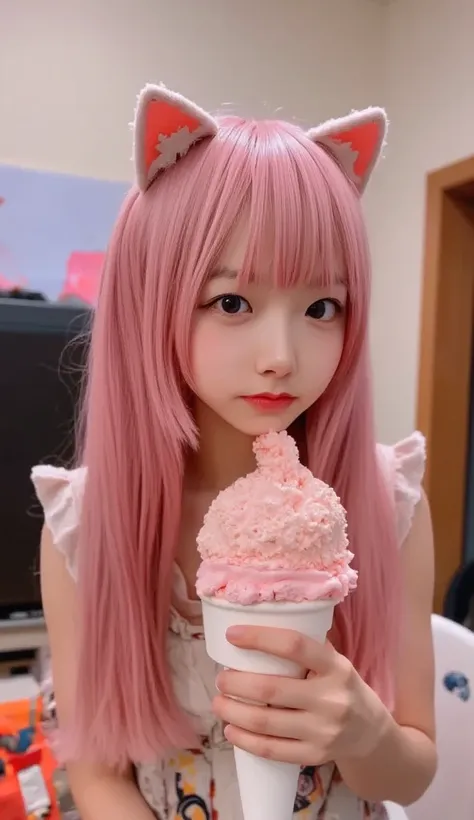  Amusement Park, Chinese girl, pink long hair shawl,Fluffy cat ears,Fluffy cat tail, wearing a dress,handmade ice cream , happy eating ice cream ,