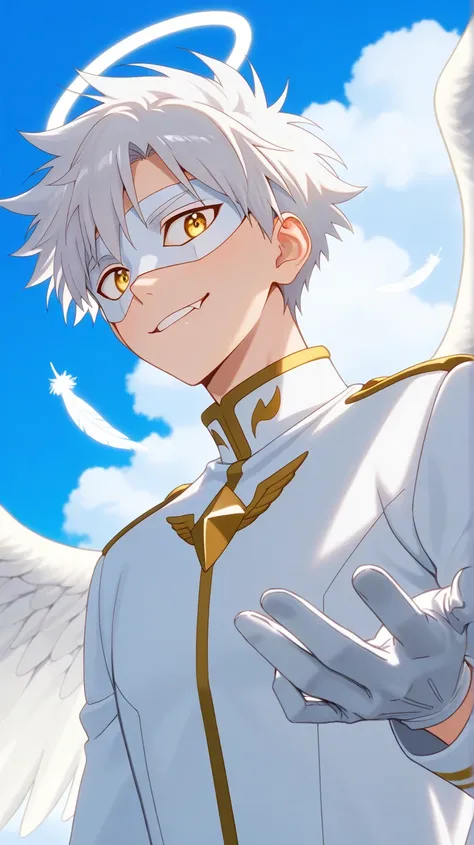 Full pure White hero masked men anime, solo,white angel uniform,white mask,white eye mask,glove,angel,1boy,mysterious grin,fang out,male focus,big white angel wing,angel halo,golden eyes,day sky clouds heaven background,male focus,playful,white feathers ef...