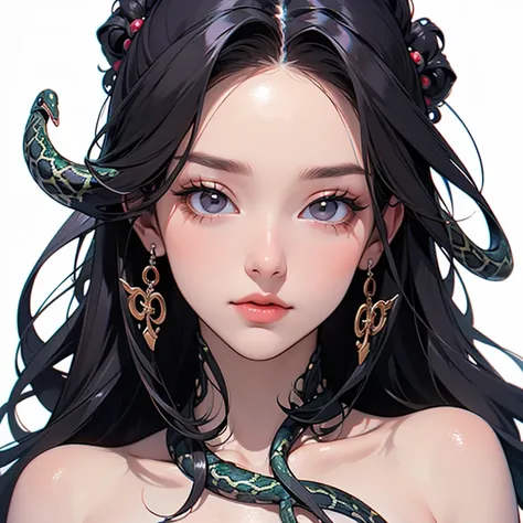 Medusa, Beautiful Tragic Queen, Beautiful hair turns into a poisonous snake, (simple background)、(plain background)、(best quality , Masterpiece, high resolution)、