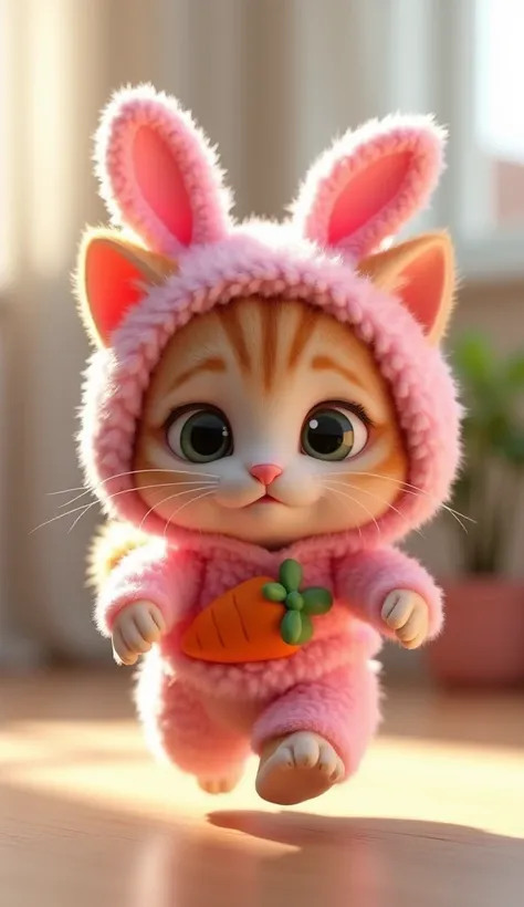  3D Cute Kitten Character 、Pink Bunny Costume 、running、 indoor、 masterpiece,  background blur,  Carrot Decorated Belt、Shut up., 