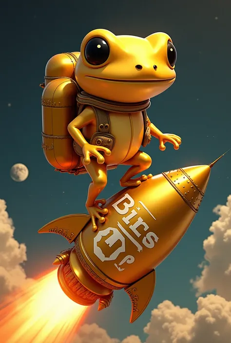 stylish golden pepe going to moon on rocket Bless network whrite on rocket