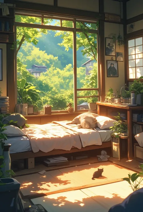 An aesthetic cosy scene of a small kitten sleeping in a traditional Japanese rural home in anime style. 
, Masterpiece, Award Winning, Best Quality, UHD,
,High Quality, Anime, Anime Style. The cat should be proportionate to the room size