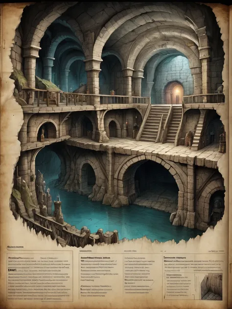 first person perspective looking at a diagram of a fantasy dungeon, traditional media, fantasy parchment, anime screengrab, csu, cross-section, from the side, underground, burrow, fantasy landscape, national geographic, best quality, masterpiece,