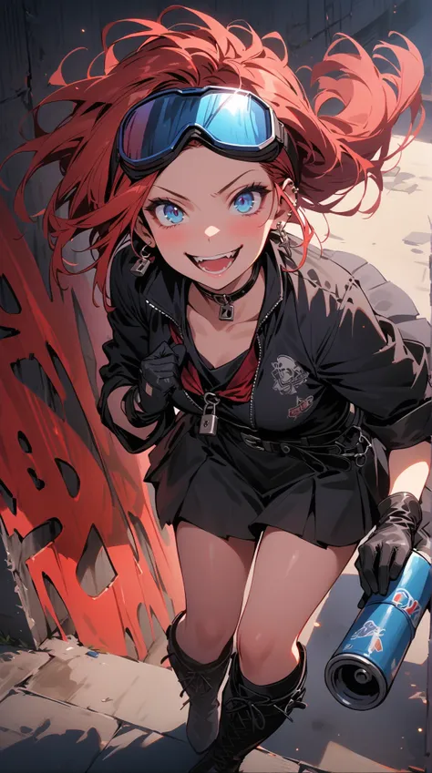 (beautiful girl:1.3),1girl,(black sailor suit,Roll up your sleeves, skirt,white and blue souvenir jacket,biker goggle on head,earrings,belt,Harness,finger piercing gloves,Lock, boots),red Hair,bangs,pony tail,Forehead,Crazy Smile,Reckless attitude,Evil fac...