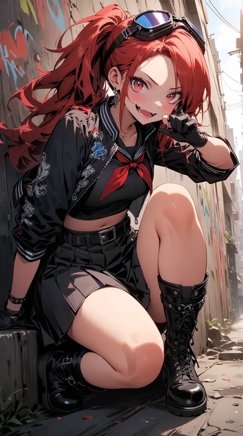 (beautiful girl:1.3),1girl,(black sailor suit,Roll up your sleeves, skirt,white and blue souvenir jacket,biker goggle on head,earrings,belt,Harness,finger piercing gloves,Lock, boots),red Hair,bangs,pony tail,Forehead,Crazy Smile,Reckless attitude,Evil fac...