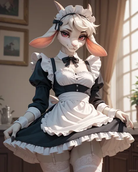 spooky furry female goat , maid clothes , glamorous , garter