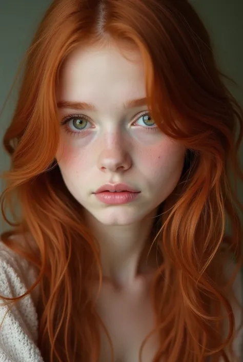 Portrait photo réaliste d'un fille rousse, elle as les yeux noisette, des sourcils dessinés, des cheuveux long 