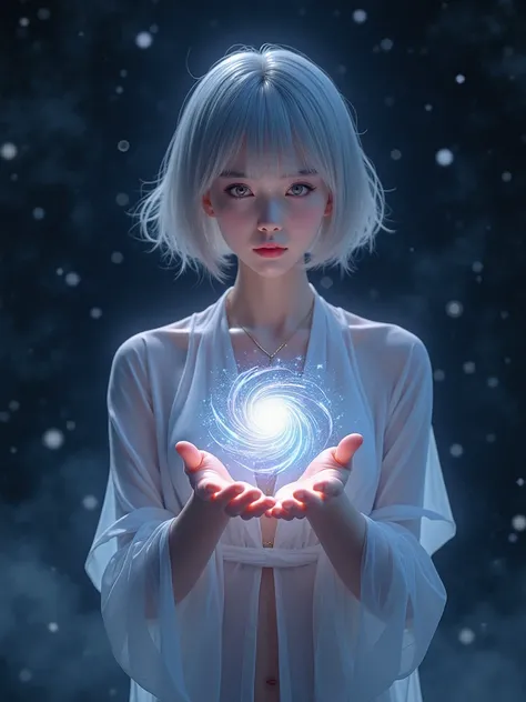 (8k,  photorealistic, Original photo,  best image quality: 1.4), beautiful Japanese idol style girl ,18 years old,goddess,1 person,( short bob hairstyle on the meeting room floor),( Silver Hair), Chain Tiara ,( she hangs her hair over her ears ),(Cute, wel...