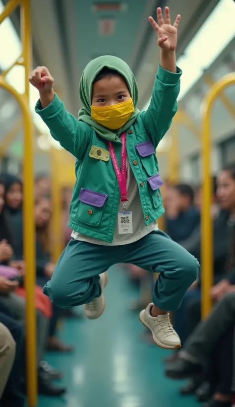 FASHION PHOTOGRAPHY, Photorealistic, high quality, masterpiece, 

human, full-body shot, full body picture, whole body, create  1kid, she is floating flying in the air, fighting position, looking at viewer, wearing green hijab, put yellow face mask coverin...