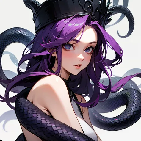 Medusa, Beautiful Tragic Queen, (Beautiful hair turns into a poisonous snakes), (simple background)、(plain background)、(best quality , Masterpiece, high resolution)、