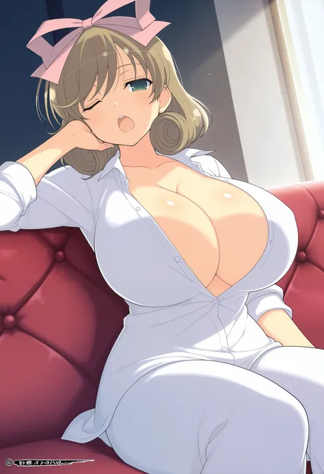 best quality, very aesthetic, absurdres, 1girl,solo,haruka\(senran kagura\),senran kagura,official art,huge breasts, bored, yawning, one eye closed, couch