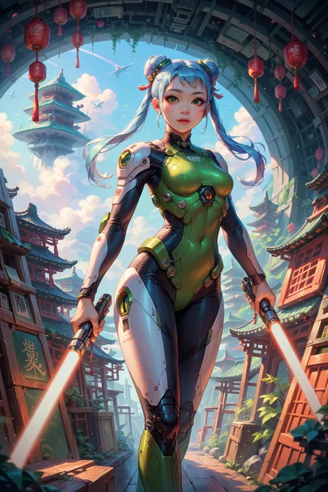 Best quality, beautiful (Asian:2) woman, light blue hair,pigtails, hair buns,Green eyes,Colossal ,White Cybersuit,Bodysuits, holding lightsaber, sci-fi boots, spaceship at the background in the space