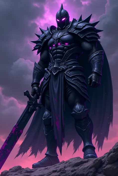 In the style of an old 80s vintage anime. An extremely tall and muscular man about 10 foot, he is wearing heavy fully black berserker armor with sharp ridges, under the folds of the armor are glowing purple and all of his body is concealed within the armor...