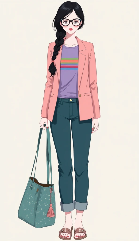 1girl, white skin, medium black braided hair to the left side, structured light pink blazer, basic purple t-shirt underneath with thin rainbow stripes running across the chest, dark teal jeans with rolled-up hem to calves, teal crossbody bag with stars pri...