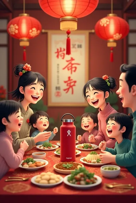 create a image with Chinese  family dinner and s  joyfull ahaving red hydroflask bottle brand on table also including decoration background look Chinese new year celebration by AI 