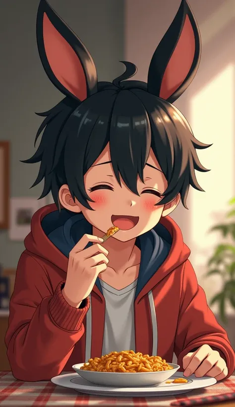 A young man eating in his house High Resolution, Smile, Blush, Short Hair, Open Mouth, Black Hair, Hair Between Eyes, Hood, Rabbit Ears, Masterpiece, American Propaganda Poster, Best Quality, Anatomically Correct, 