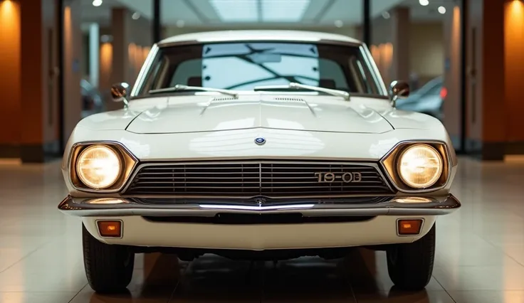 A close-up rear view of a sleek, Lotus White 1969 Ford Capri with sharp headlights on in a luxurious indoor showroom. The background shows large glass windows with soft, natural light filtering through, and elegant wooden panels along the sides. The Ford e...